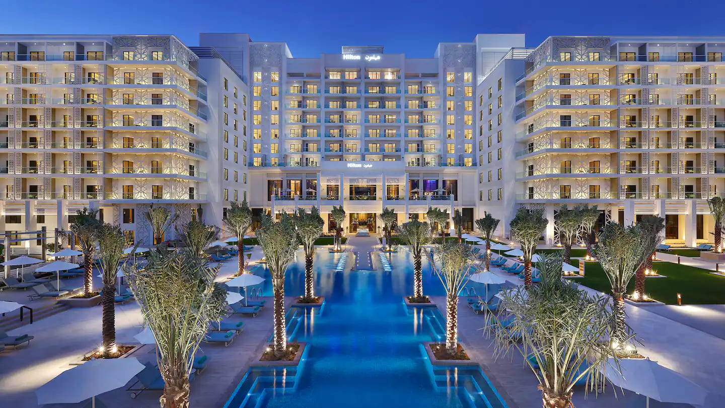 Hilton Abu Dhabi Yas Island Pool Facade Night